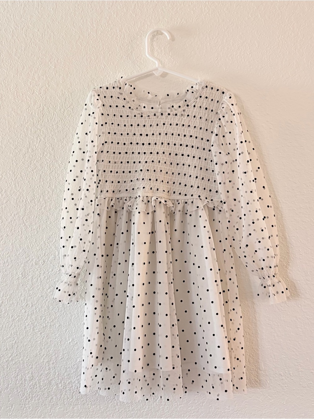 There Abouts Girls White formal flowy Polka Dot Long Sleeve mesh Dress XS 6X